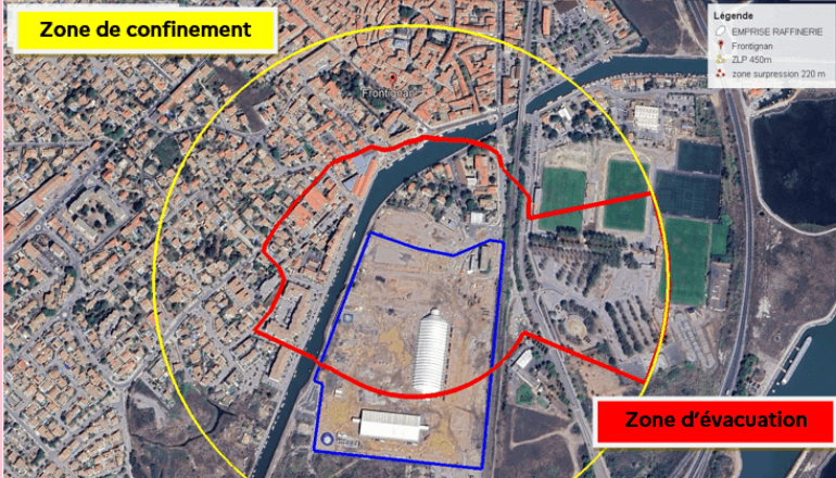 La carte avec en rouge, le périmètre d'évacuation et en jaune, celui de confinement © DR.