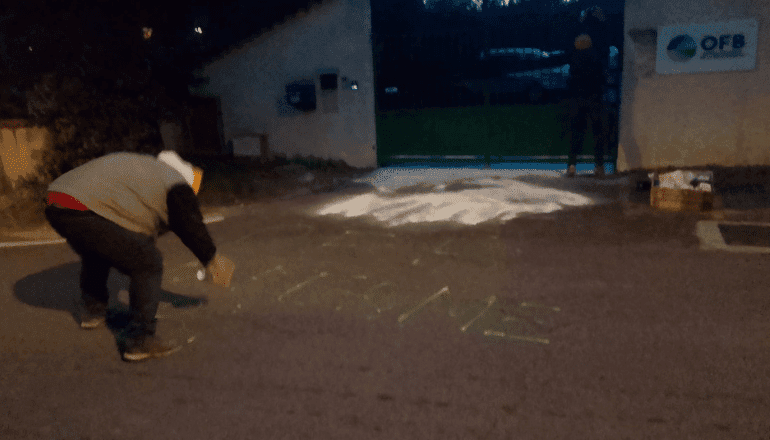 Des membres de la Coordination rurale de l'Hérault ont déversé de la farine et du plâtre devant les locaux de l'OFB à Pérols, Grabels et Bédarieux le 19 janvier. © CR34